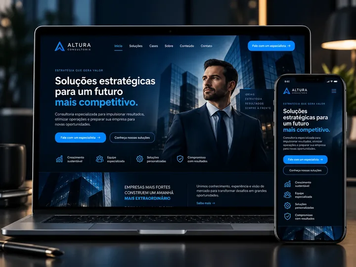 Modelo Corporativo: site de consultoria em azul, no notebook e no celular