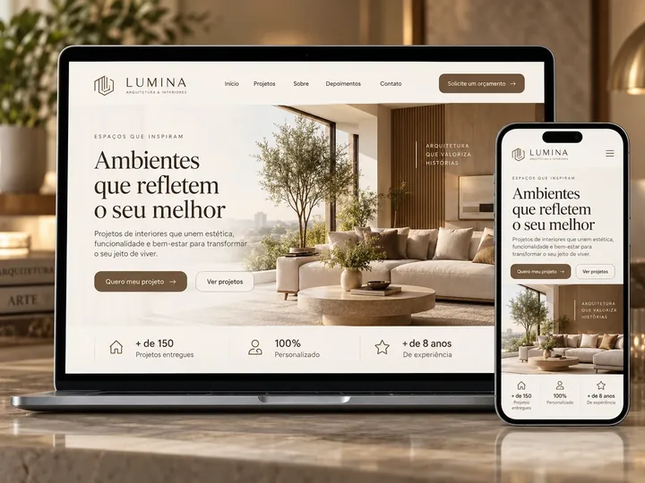 Modelo Institucional: site de arquitetura e interiores em tons de bege, no notebook e no celular