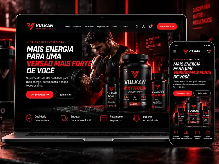 Modelo Produtos e Serviços: loja de suplementos em vermelho e preto, no notebook e no celular