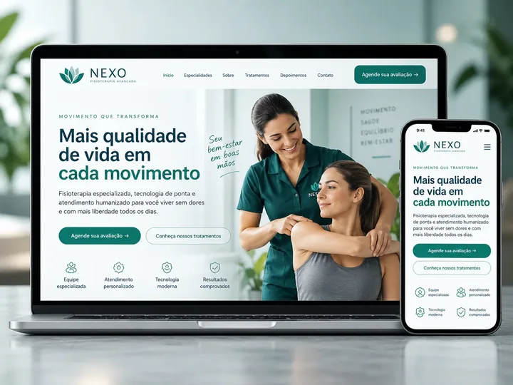 Modelo Setor Específico: site de fisioterapia em verde, no notebook e no celular