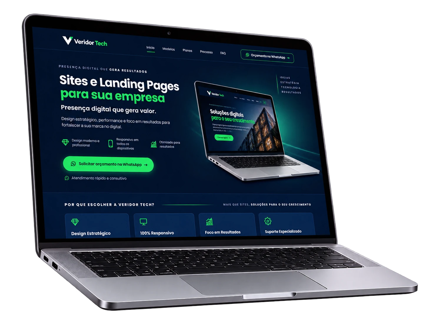 Notebook exibindo o site da Veridor Tech